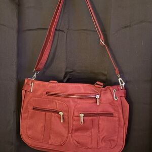 Burgundy Multi Pocket Organizer Handbag Crossbody Shoulder Bag